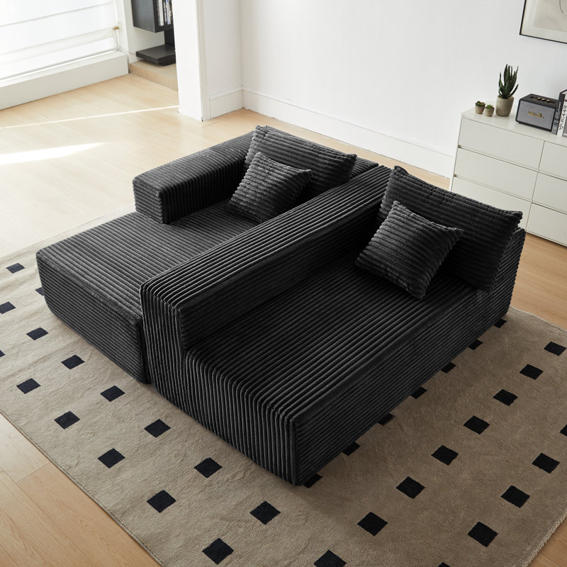 Canapé modulaire Cloud avec méridienne en L et méridienne rembourrée en flanelle, Noir, Orienté à gauche (vu de face)