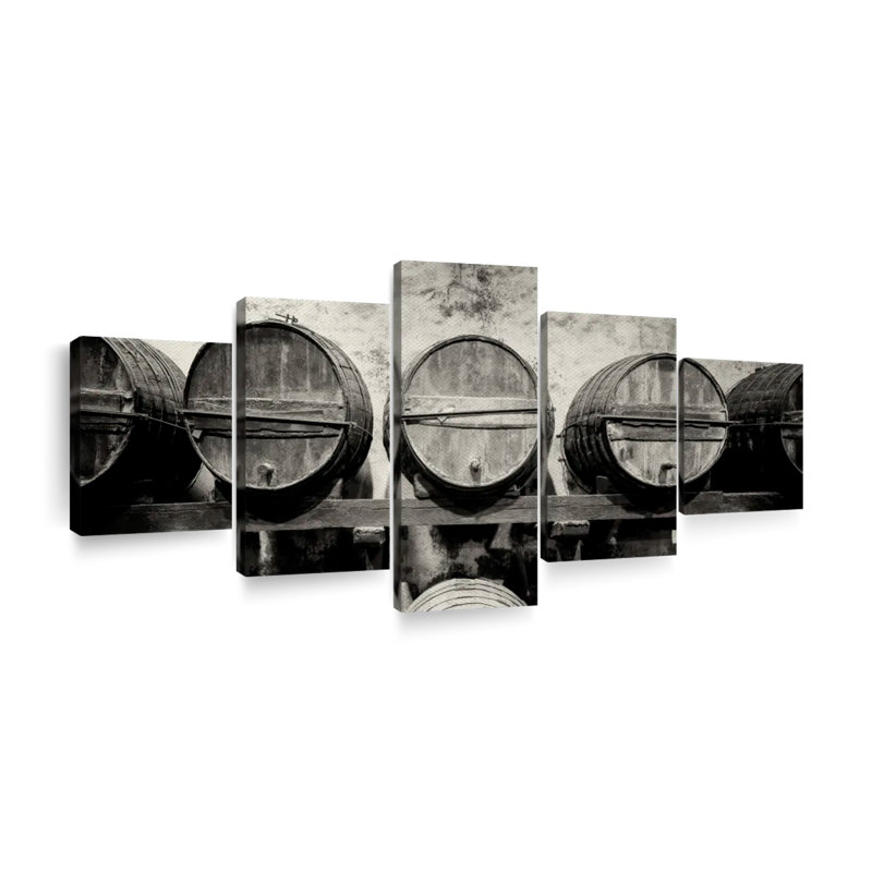 Barils de vin sur toile, reproduction de 5 pièces, H 24 po x l 55 po x P 1,25 po