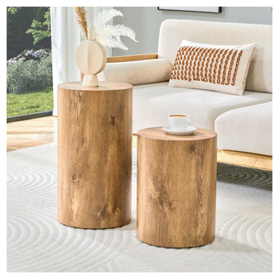 Ensemble de 2 tables d'appoint cylindriques modernes - tables d'appoint rondes en bois à finition minimaliste pour le salon, aucun assemblage requis