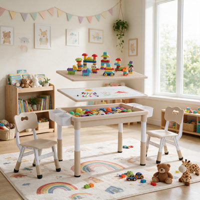 Kids Table and 2 Chairs Set, Height Adjustable Toddler Activity Lego Table with Large Storage & Double-Sided Graffiti/Block Building Tabletop, 4 Drawers for Home, Preschool, Classroom(beige)