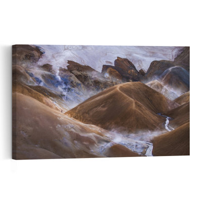 Hiker In Steaming Valley Colorful Dramatic Surreal Landscape Nature Wall Art Print