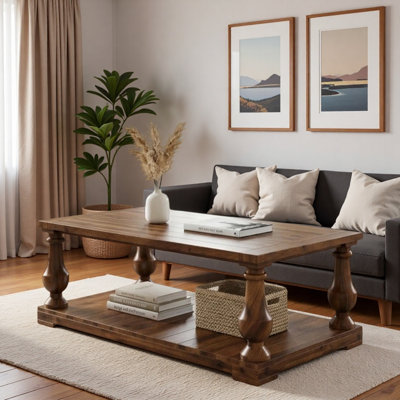 Farmhouse Coffee Table with Two-Tier Storage Shelf and Wood Turned Legs