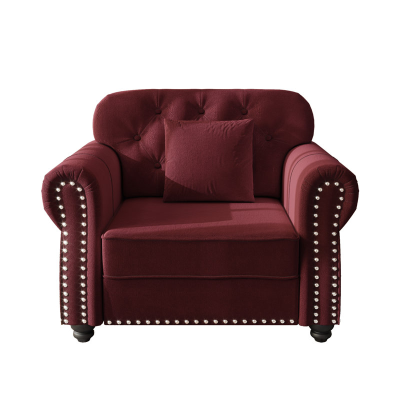 Canapé Chesterfield de 41,3 po rembourré en velours avec garniture cloutée et accoudoirs roulés, Bourgogne