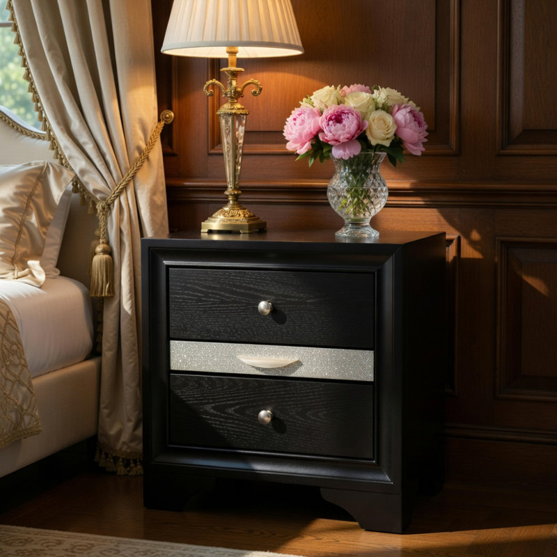 Table de chevet 2 tiroirs de style traditionnel en bois de couleur noire, Noir