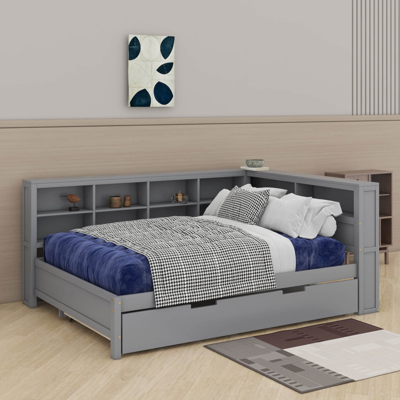 Wooden Daybed With Trundle, Daybed With Storage Shelf And USB Charging Ports, Full, Gray