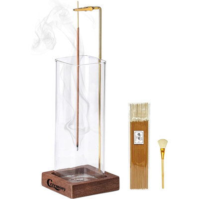 Incense Holder, Wooden Incense Holder For Sticks With Glass Ash Catcher, Anti-Ash Incense Burner With 20 Incense Sticks And A Ash Brush For Meditation Yoga Spa Room Decor