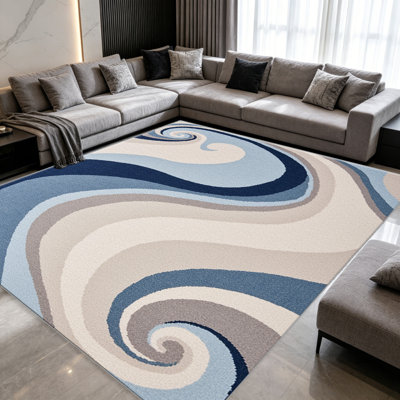 Tapis bleu et beige en spirale pour le salon, doux et confortable, convient à toutes les saisons, facile à entretenir, tapis d'intérieur lavable à la machine, ferme sous la table convenant à la chambre à coucher, à la salle à manger, au bureau, au patio, au balcon, à la maison