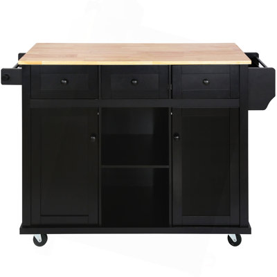 Kitchen Cart With Rubber Wood Drop-Leaf Countertop ,Cabinet Door Internal Storage Racks,Kitchen Island On 5 Wheels With Storage Cabinet And 3 Drawers For Dinning Room