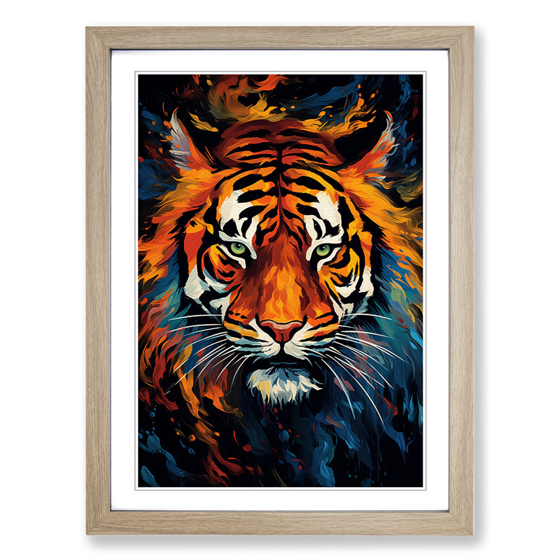 Tiger Abstract - Single Picture Frame Print on Wood, Oak Framed, 46cm H x 34cm W
