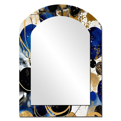 Muret Abstract Pattern With Blue & Golden Textures XVIII - Minimalism Asymmetrical Wall Mirror, Modern Arch Decorative Mirror, Printed Metal Art