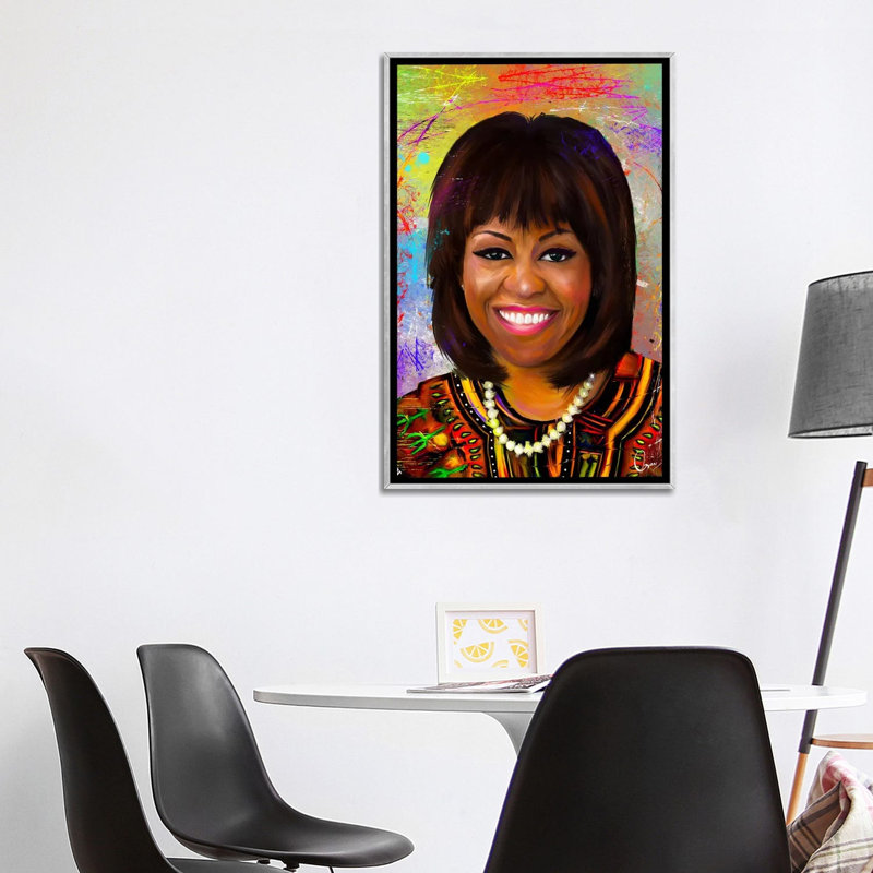 « Michelle Obama » par Crixtover Edwin, reproduction d’art, H 40 po x l 26 po x P 1,5 po, Toile avec cadre argenté