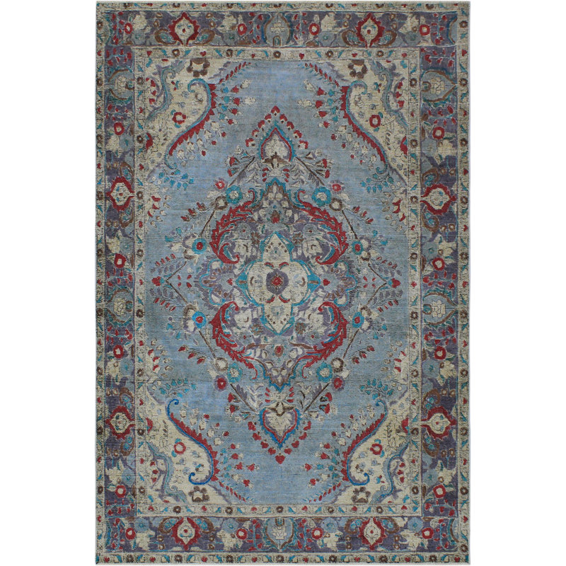 Tapis oriental bleu en laine noué à la main 6 pi 5 po x 9 pi 4 po Madon