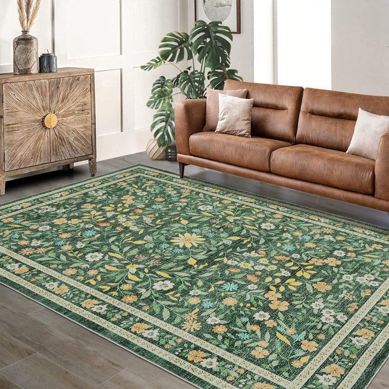 8x10 Ft Green Ultra-Thin Washable Boho Floral Area Rug Non-Slip Soft Floor Carpet for Living Room