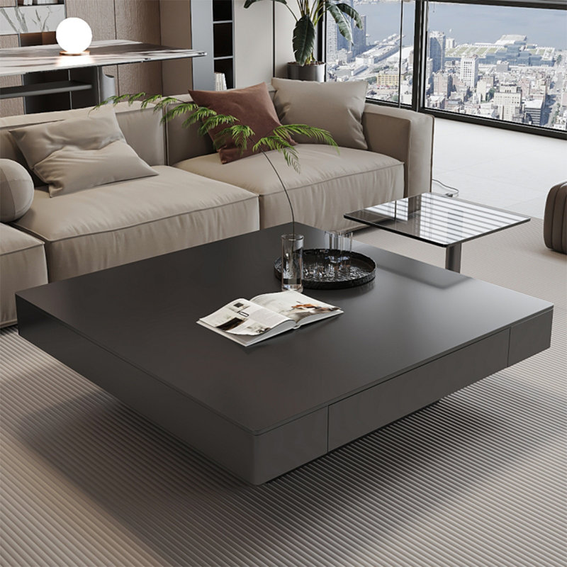 Italian light luxury square stone coffee table, Black/Transparent, 11.8" H x 47.2" L x 47.2" W