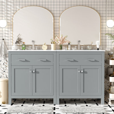 60" Modern Bathroom Vanity Set With Double Vanities (Separate), Double Ceramic Sinks, Adjustable Shelf, Soft Close Doors And Flip Drawer– Modern Bathroom Solution For Spacious Bathrooms