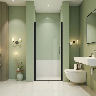 Porte de douche pivotante 32 po x 72 po, cadre en aluminium noir mat, demi-cadre, film en verre trempé anti-déflagrant de 1/4 po (6 mm)