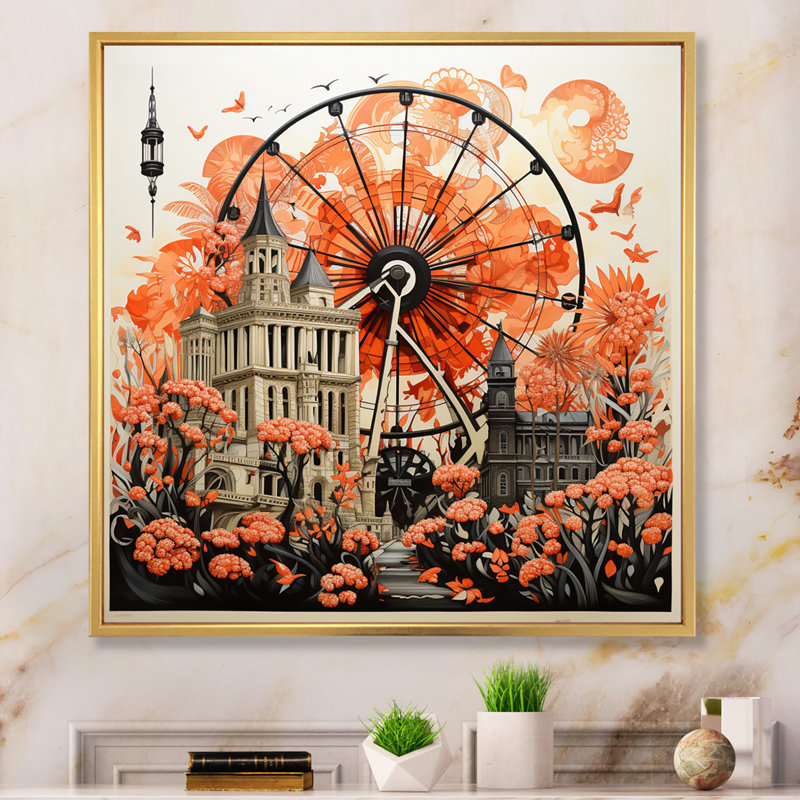 Coral Ferris Wheel Joyful Spin II - Amusement Parks Wall Art Prints, H 16 po x l 16 po x P 1 po, Cadre flottant doré