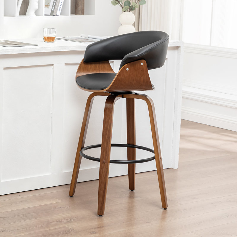 Devlin Upholstered Swivel Mid-Century Stool, Black, Bar Stool (29.5" Seat Height)