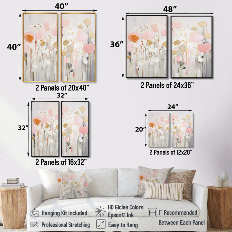 «Pink Blossoming Garden», art mural moderne sur toile 2 panneaux, H 36 po x l 48 po, Reproduction encadrée sans passe-partout
