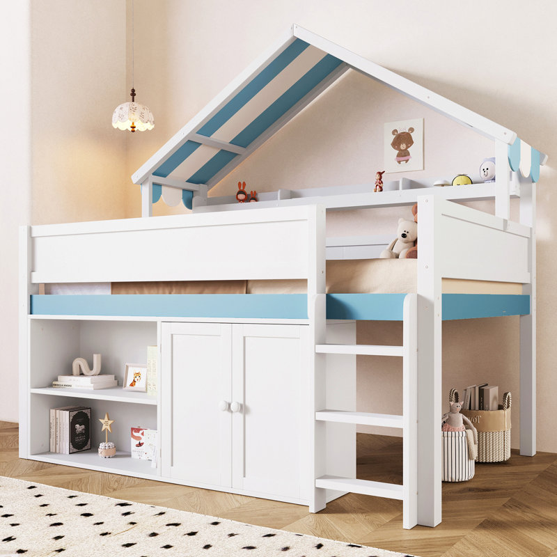 Lit mezzanine double avec toit à baldaquin et armoire de rangement, blanc et bleu