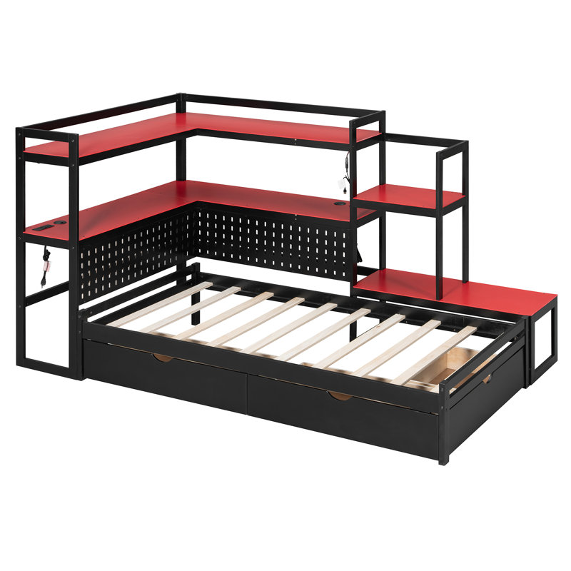 Modern Twin Platform Bed With Storage Drawers, Built-In Charging Station, Lighted Shelves & Pegboard, Space-Saving Reversible Daybed