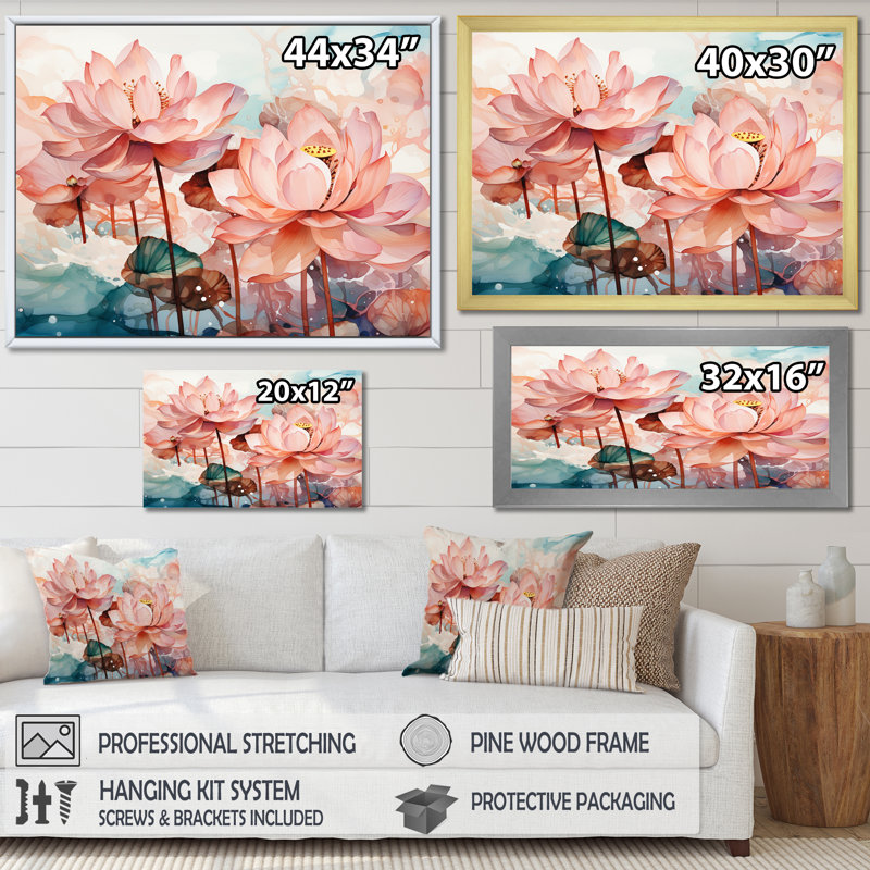 Lotus Pond, encre de Chine rose et verte - Art mural Chine, Toile tendue, H 16 po x l 32 po x P 1 po