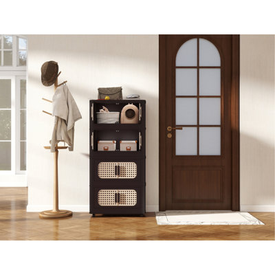 Retro Brown, 20" Side Wide Folding Storage Cabinet ,4 Tiers,19.69"×11.81"×40.55",Collapsible Storage Bins With Magnetic Door, Plastic Storage Cabinet With Wheels