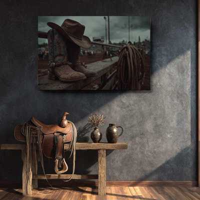 Texas Rodeo Cowboy Canvas Art  Western Wall Decor  Rustic Boots and Hat Photography Print