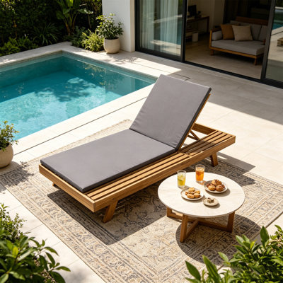 Lounge Chaise Set, Space Available On One Side, Acacia Wood In Light Brown With Water-Resistant Lounge Cushions (Dark Grey & 2 Inch Thick) – Matching Cream/Leaf Coconut Version Available