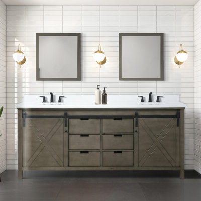 Meuble-lavabo double brun rustique 80 po X P 22 po D, avec comptoir en quartz blanc