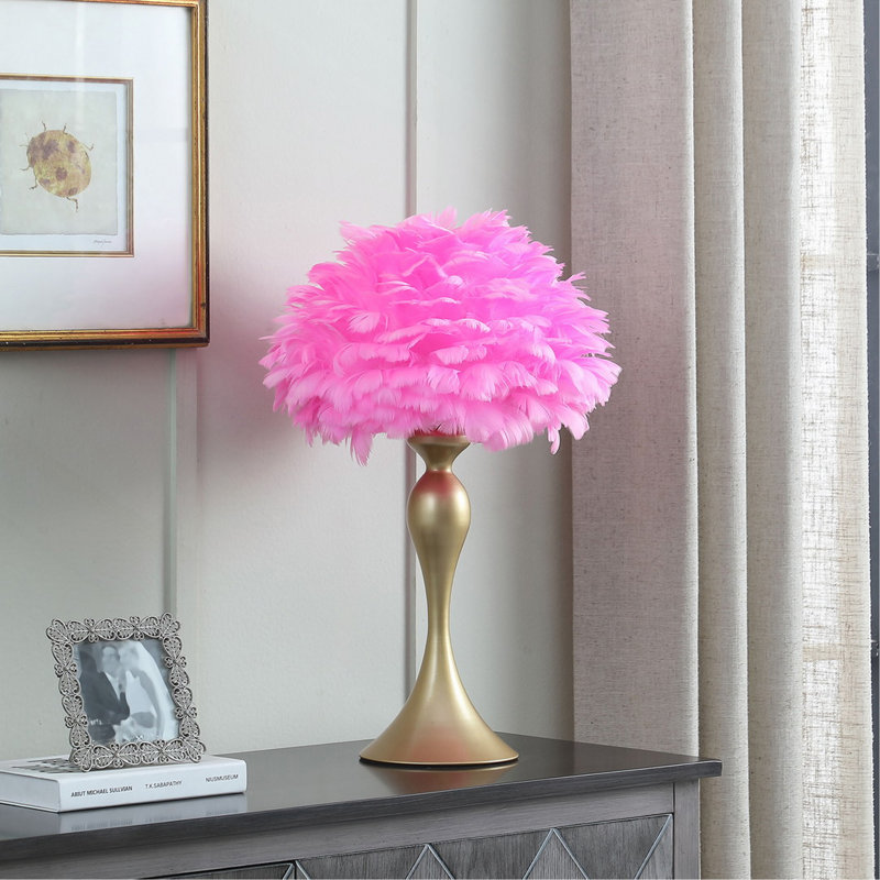 18.25"In Hot Pink Feather Aquina Satin Gold Metal Contour Glam Table Lamp