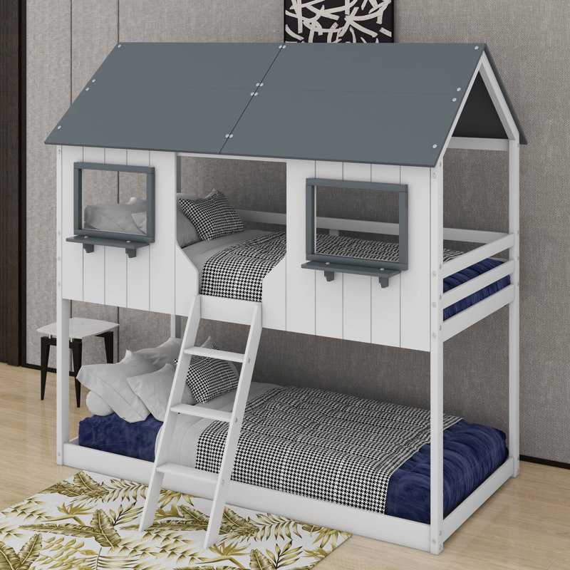 Twin Over Twin Wood Bunk Bed With Roof,Window, Guardrail And Ladder, White