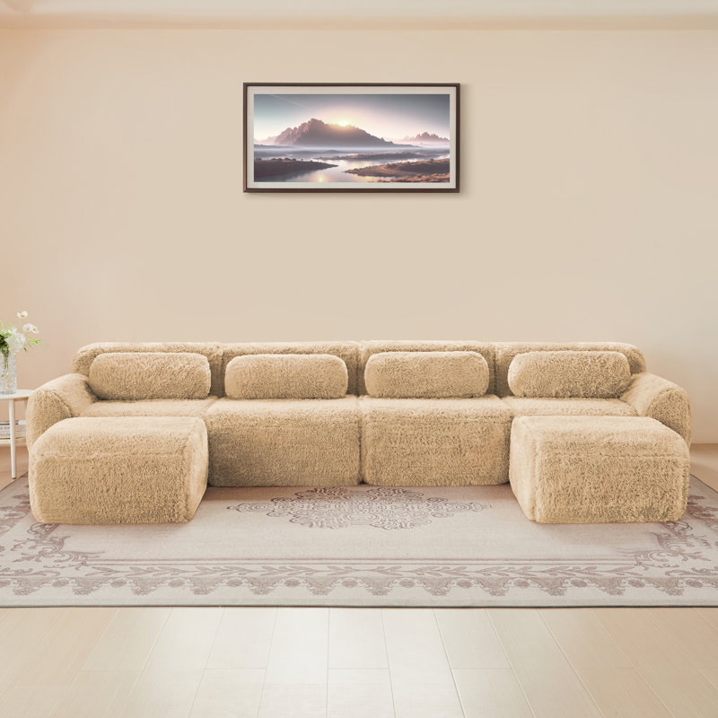 Compression Sofa, U-shaped Sofa, For Living Room, Light Camel Faux Fur, 28.7" H x 149" W x 70.4" D