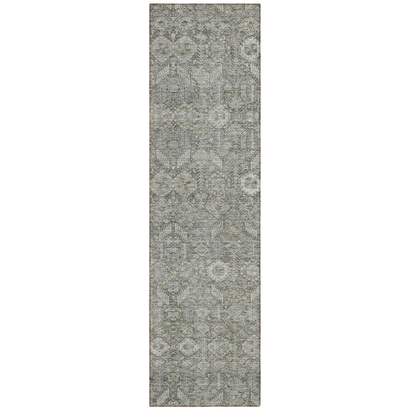 8' Runner Cream and Tan Floral Washable Non Skid Indoor Outdoor Runner Rug