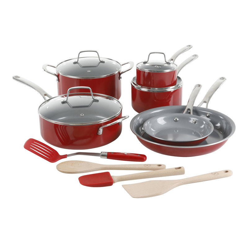 Batterie de cuisine antiadhésive en aluminium 14 pièces Martha Stewart, Rouge/gris