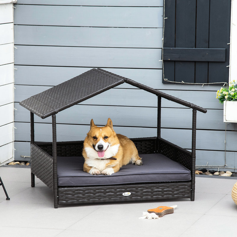Lit pour chien avec auvent en matériau PE, coussin confortable pour les chiens de petite et moyenne taille, maison d'extérieur grise gardant l'animal au sec sous la pluie