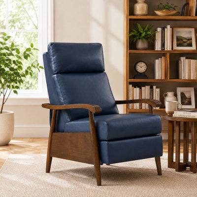 Fauteuil inclinable en cuir véritable avec accoudoirs en bois massif, fauteuil inclinable moderne à dossier haut Mid Century, fauteuil inclinable manuel réglable à 3 positions pour la chambre à coucher et le coin lecture