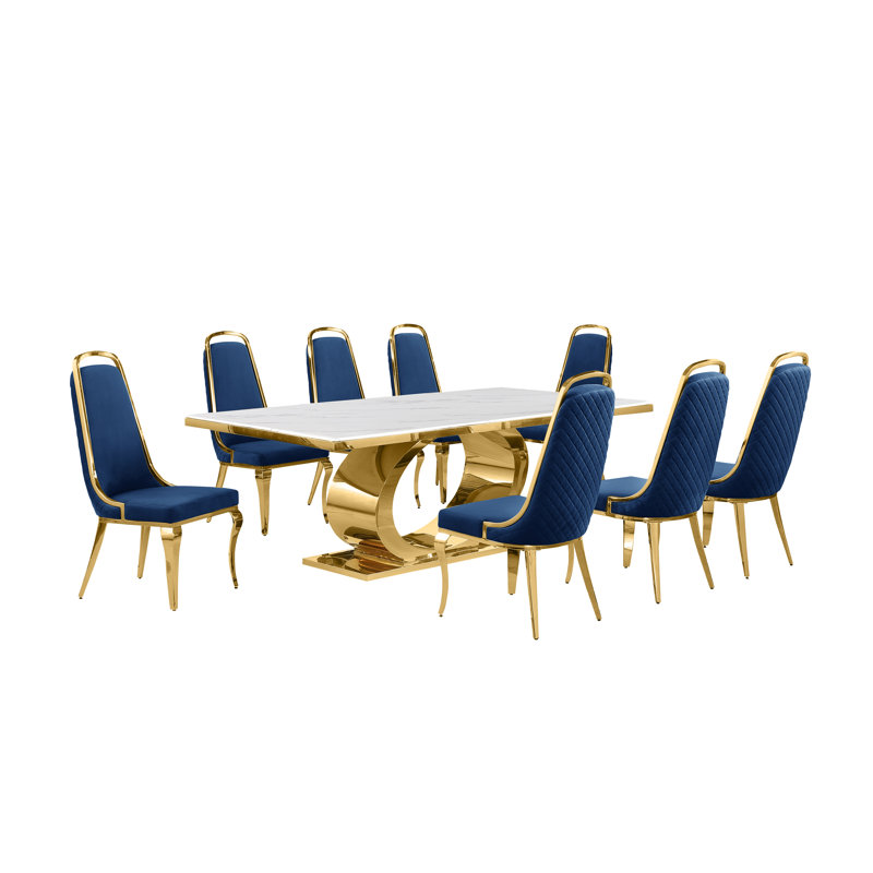 Bankston Marble Top Pedestal Dining Set, 9, Navy/Gold, Gold