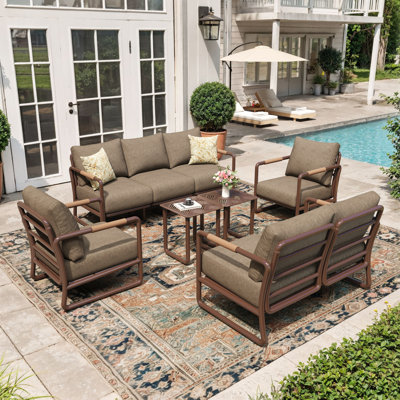 Modern 6-Piece Outdoor PE Rattan Patio Conversation Set with Steel Frame, Includes 3-Seat Sofa, Loveseat, 2 Armchairs, and 2 Coffee Tables for Backyard, Garden, Brown