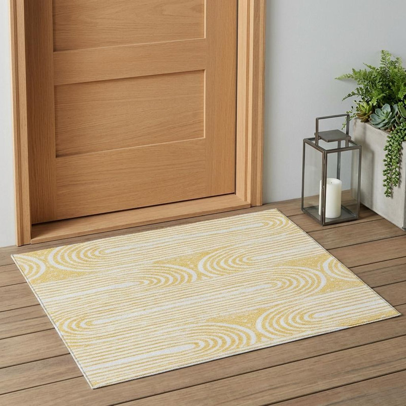 3' X 5' Gold and White Abstract Washable Non Skid Indoor Outdoor Area Rug