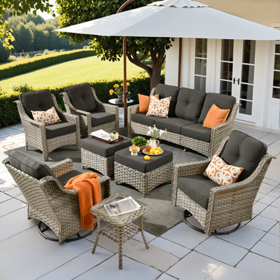 9 - Person Patio Furniture Sofa with Swivel Rockers , Outdoor Wicker Rattan High Back Sofa with Cushions, All Weather Sofa with Ottomans for Garden Ba by Lark Manor