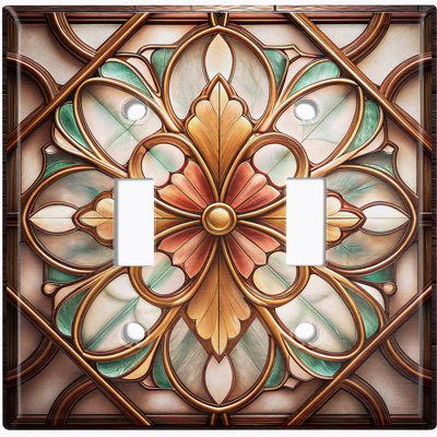 Metal Light Switch Plate Cover; US Standard Size 2 Gang Toggle - Printed Image of Stained Glass Rustic Flower