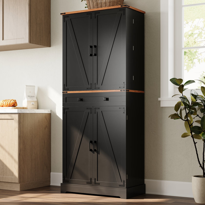 72" Kitchen Pantry Storage Cabinet with 8 Hanging Shelves and 3 Sliding Drawers, Black
