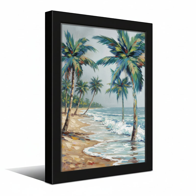 Plantes et fleurs, plage tropicale avec palmiers et vagues de l'océan, H 24 po x l 16 po, Toile tendue, Ne s’applique pas