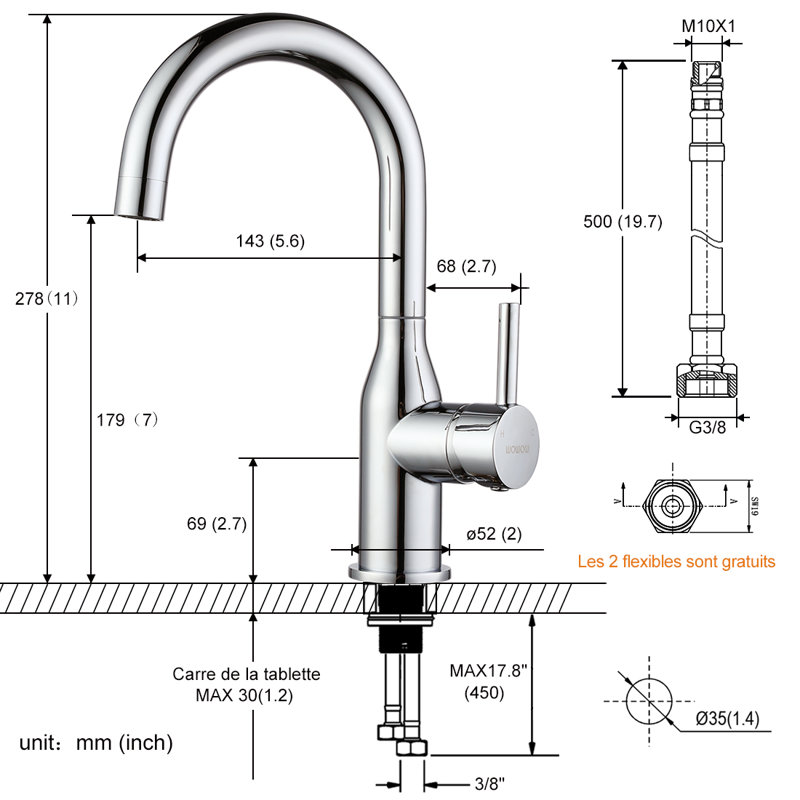 Robinet de salle de bain à poignée simple, Chrome