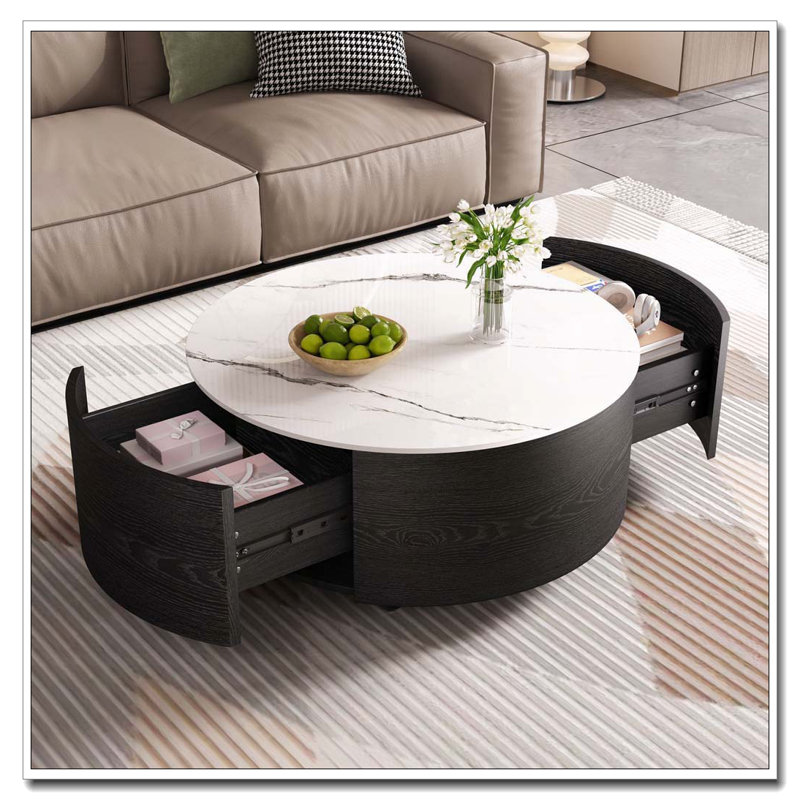 Table basse ronde et mobile avec roulettes, 2 tiroirs, Noir