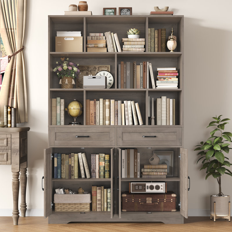 71'' H Bookcase With 2 Drawers, Rustic Gray