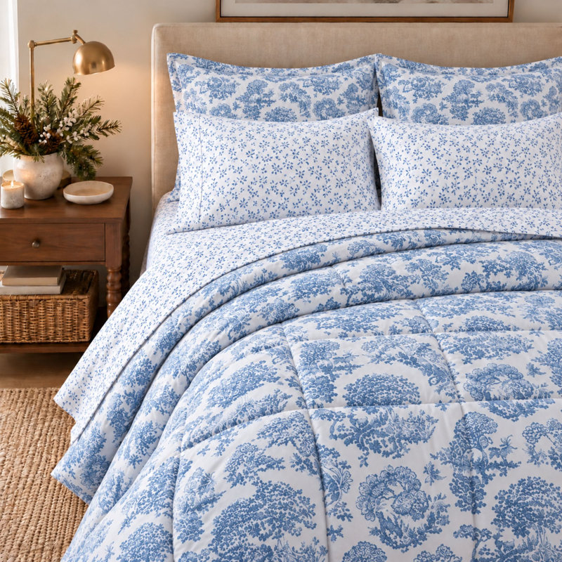 Soft Printed Microfiber Sheet Set, King Sheet Set with 2 Pillowcases, Vines Blue