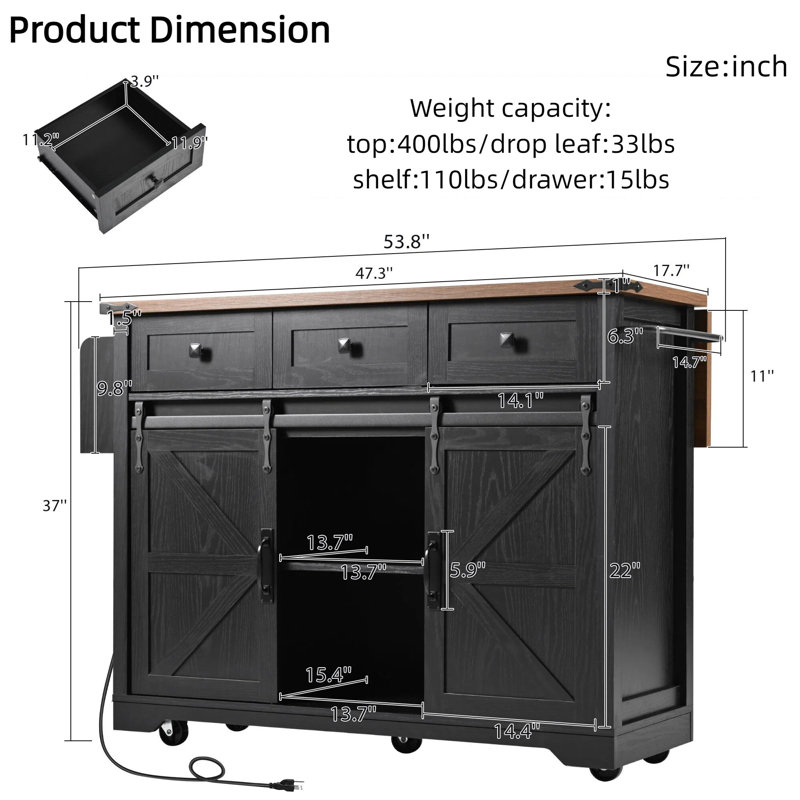 53.7" Farmhouse Kitchen Island with Drop Leaf, Power Outlet, 2 Sliding Barn Doors, 3 Drawers, Spice Rack, 5 Lockable Wheels