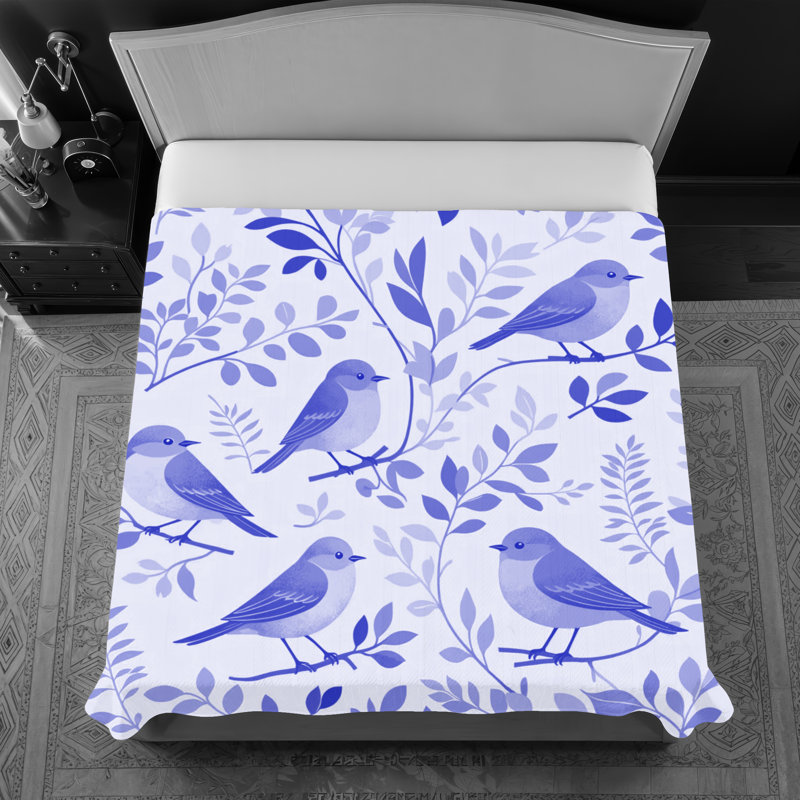 Couvre-lit fin matelassé à motif d'oiseaux sur des branches, Double, Mauve moyen / gris clair